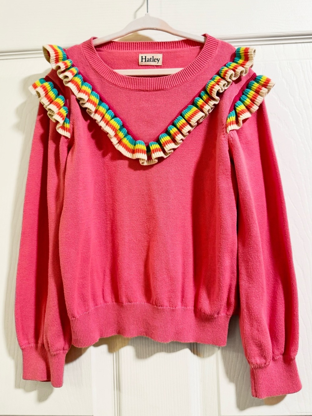 Hatley Girls Size 7 Pink Rainbow Ruffle Knit Sweater Cotton Bright Colorful
